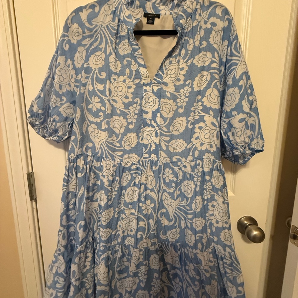 Halogen Blue and White Floral Mini Dress Puff Sleeve